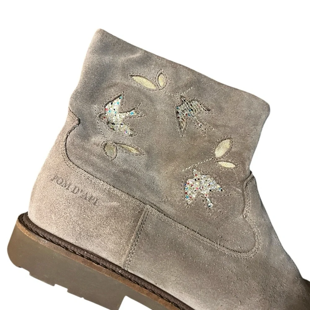 Pom D' Api Women's Suede Ankle Boots Sparkle Birds Tan Size 38/7.5
